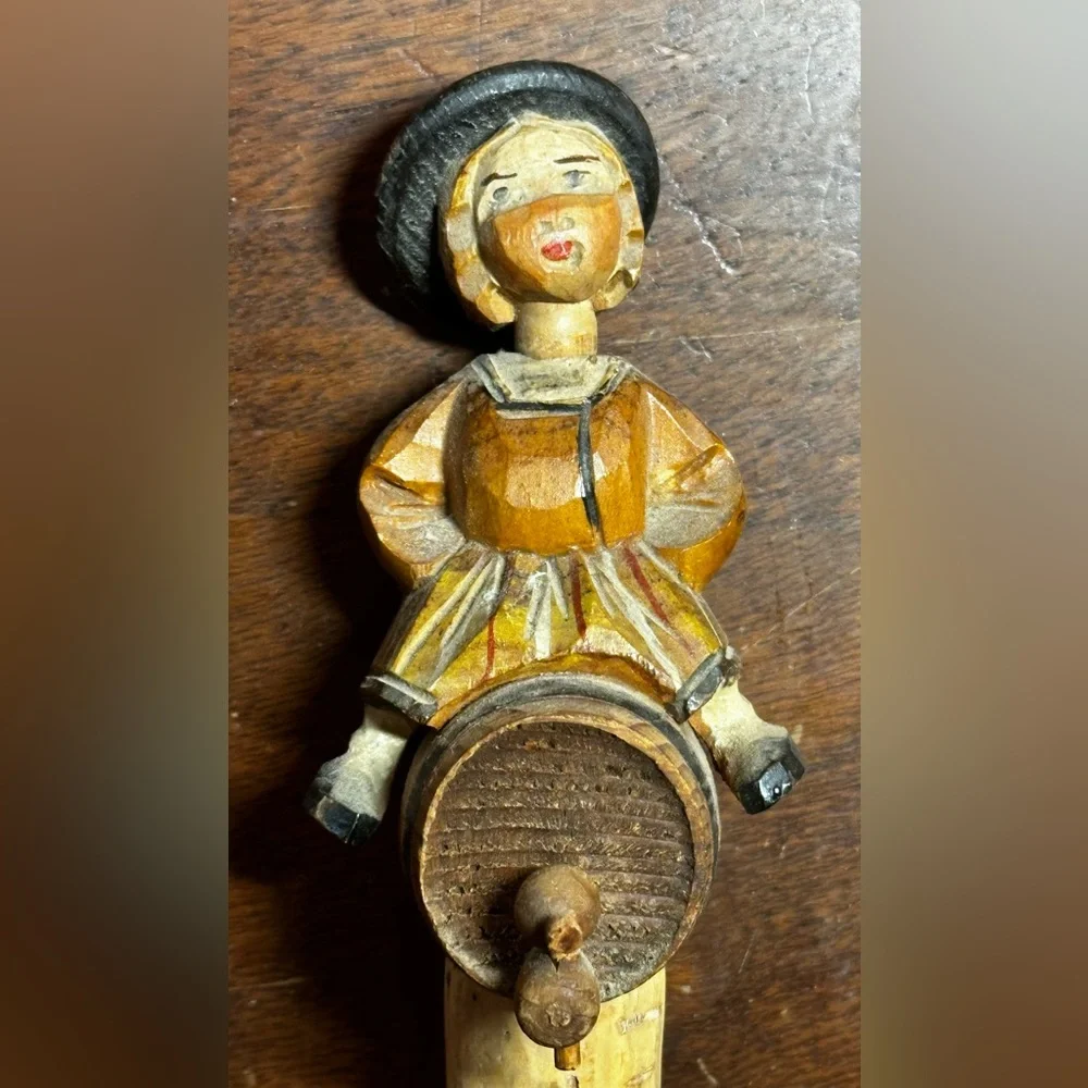 Vintage Hand Carved Wood Bobble Head Bottle Stopper Wine Cork Girl on Barrel